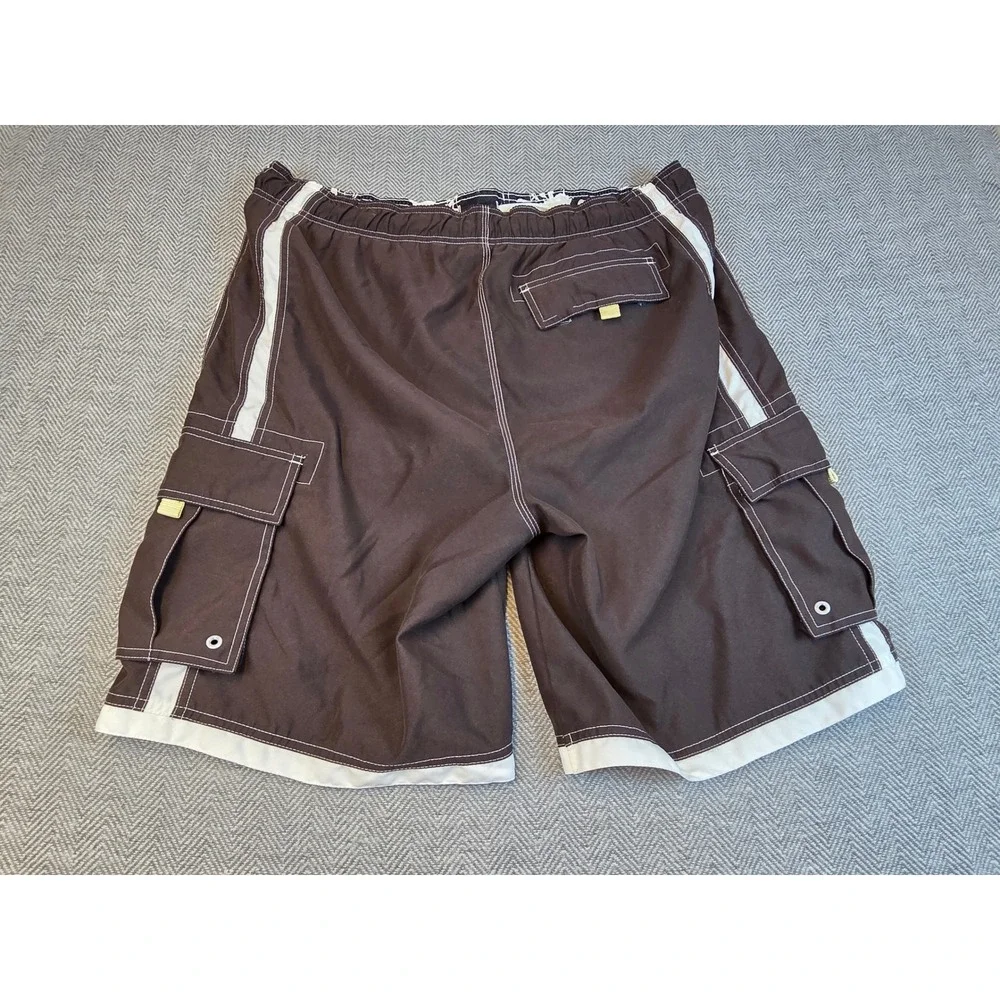 Tony Hawk Mens XL Brown White Side Stripe Cargo Board Shorts Swim Trunks Mesh